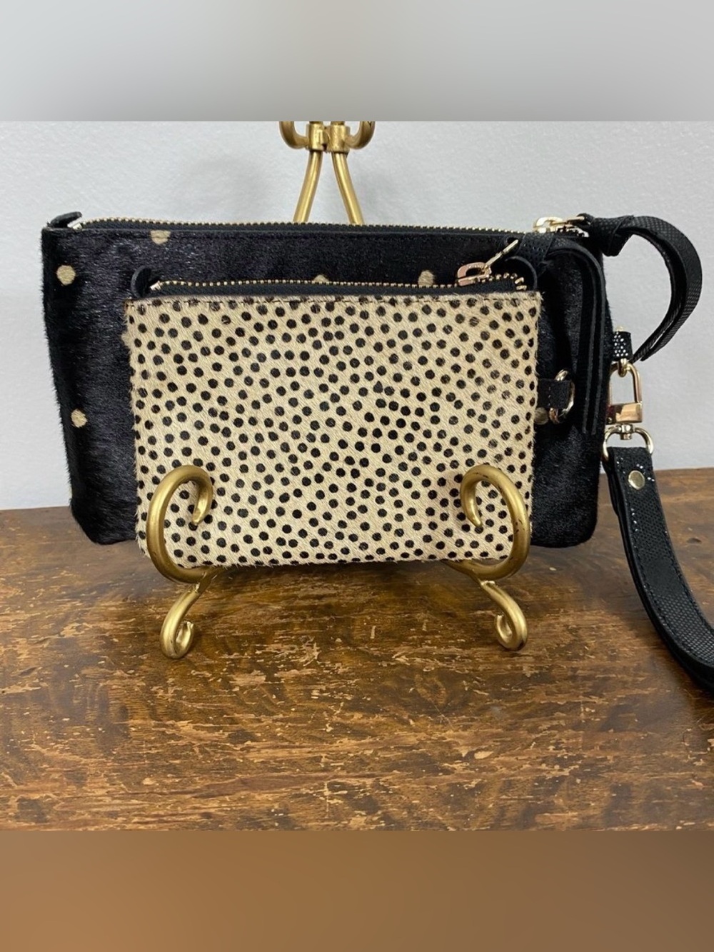 Calf Hair Black and Cream Spotted Women’s Wristlet Set - Chicos